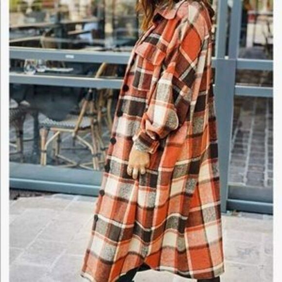 New Plaid Button Down Long Shacket Jacket - Picture 4 of 9